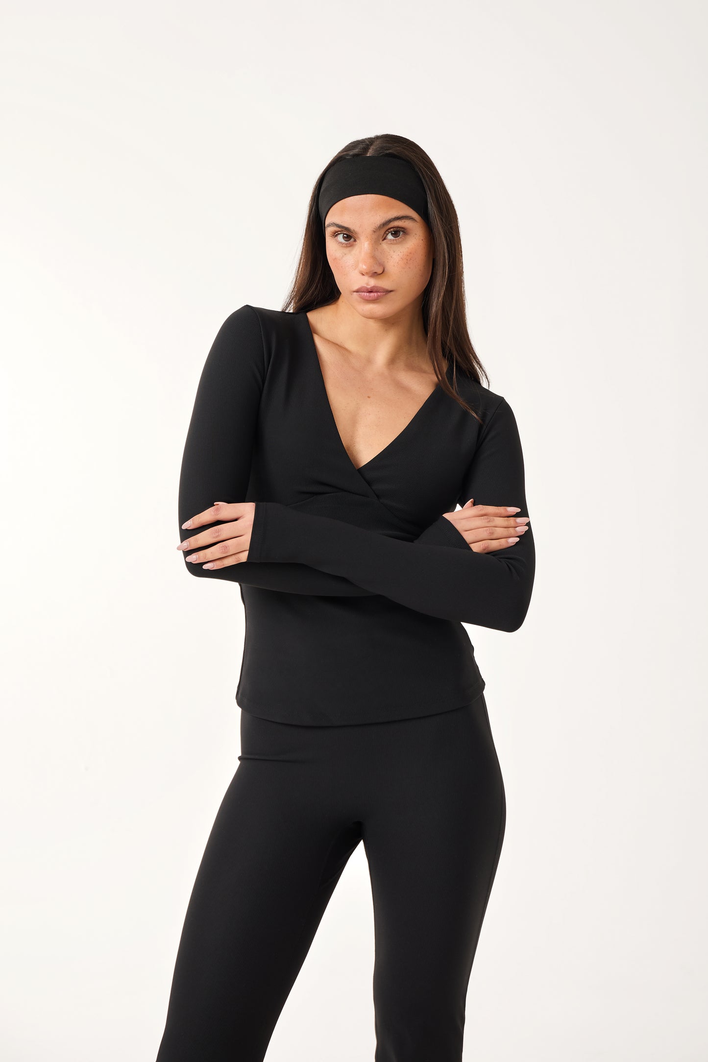 The Sculpt Wrap Front Long Sleeve Top - Core Black