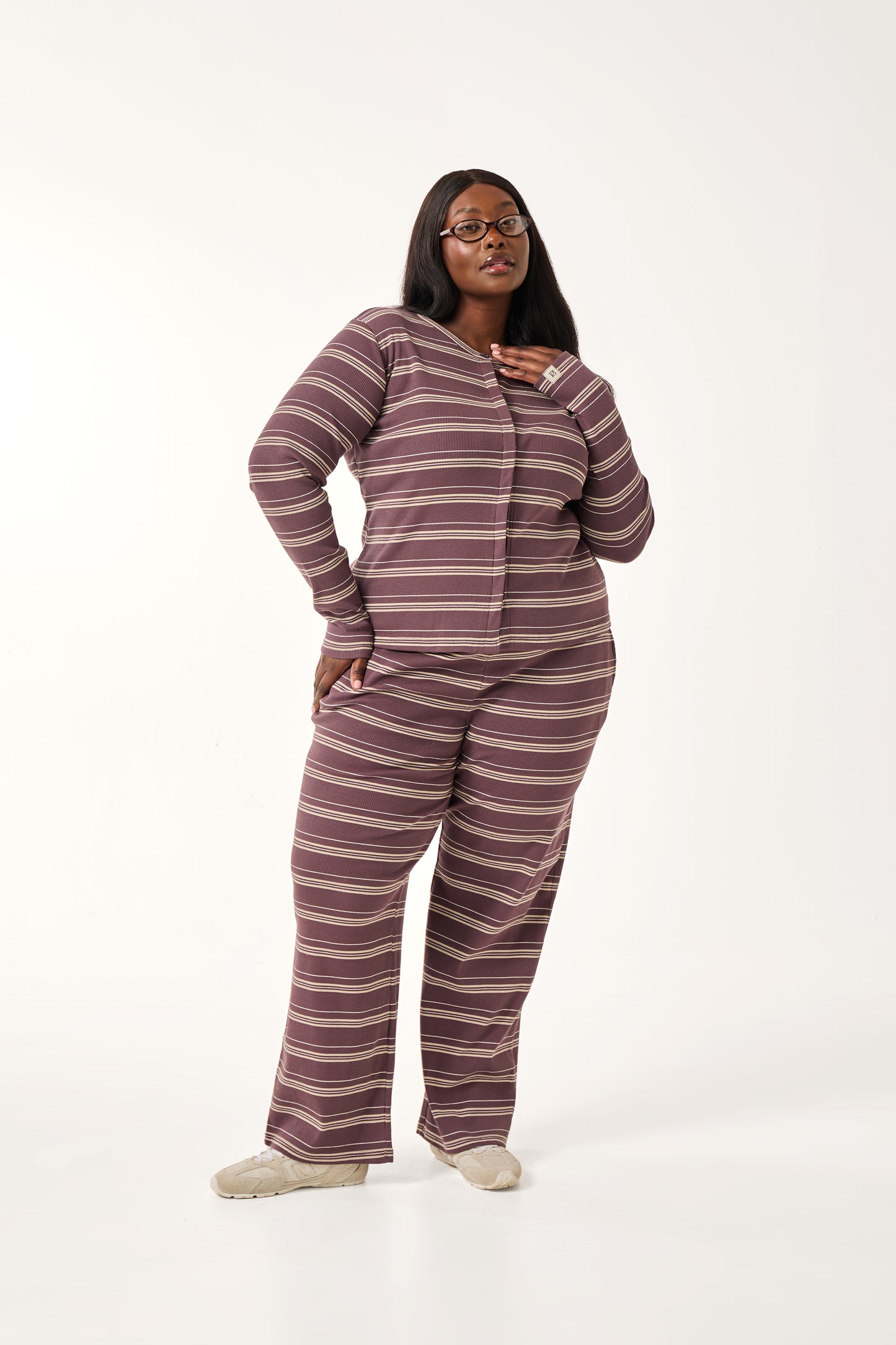 Rib Stripe Button Front Top - Plum Truffle