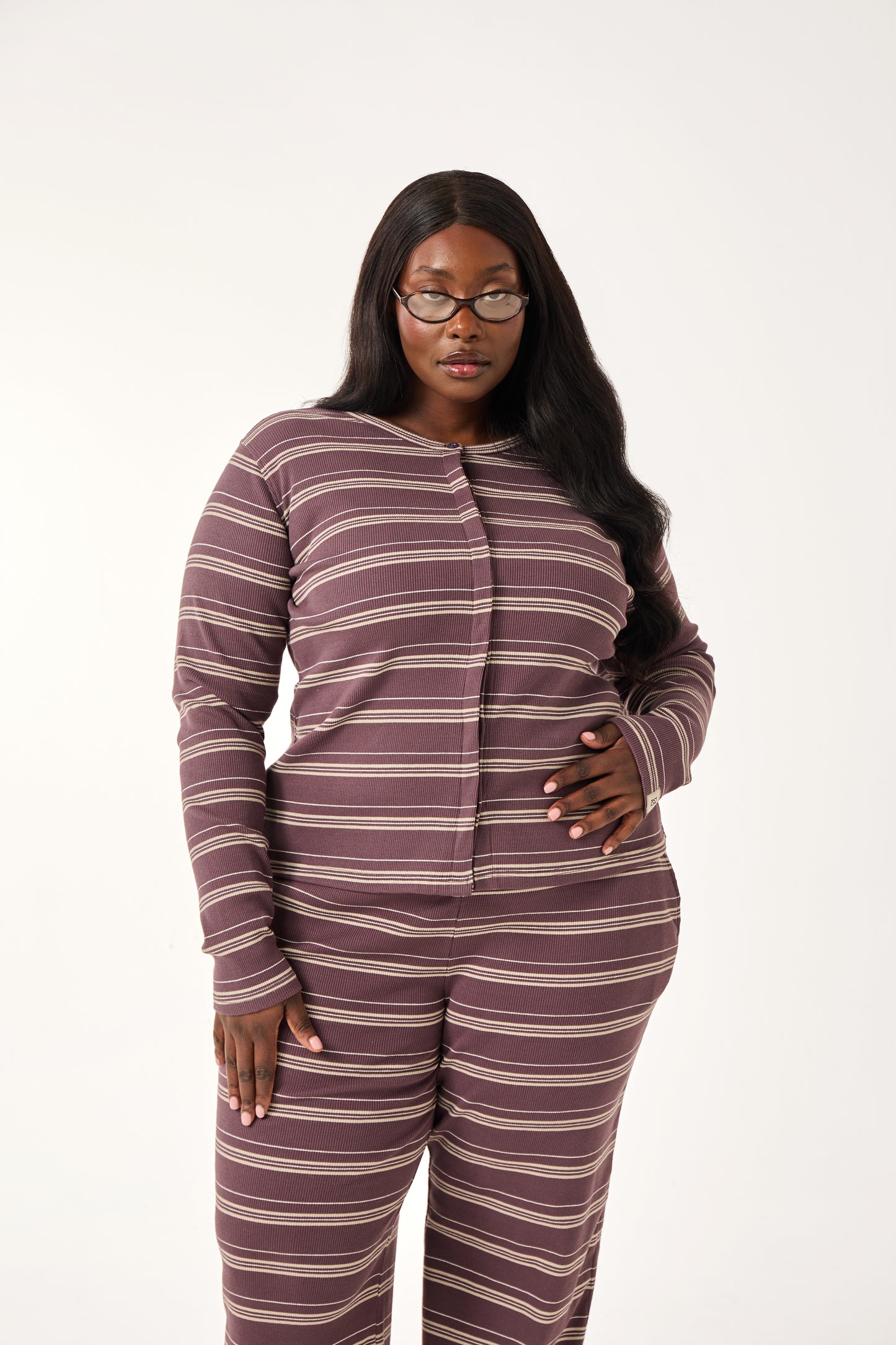 Rib Stripe Button Front Top - Plum Truffle