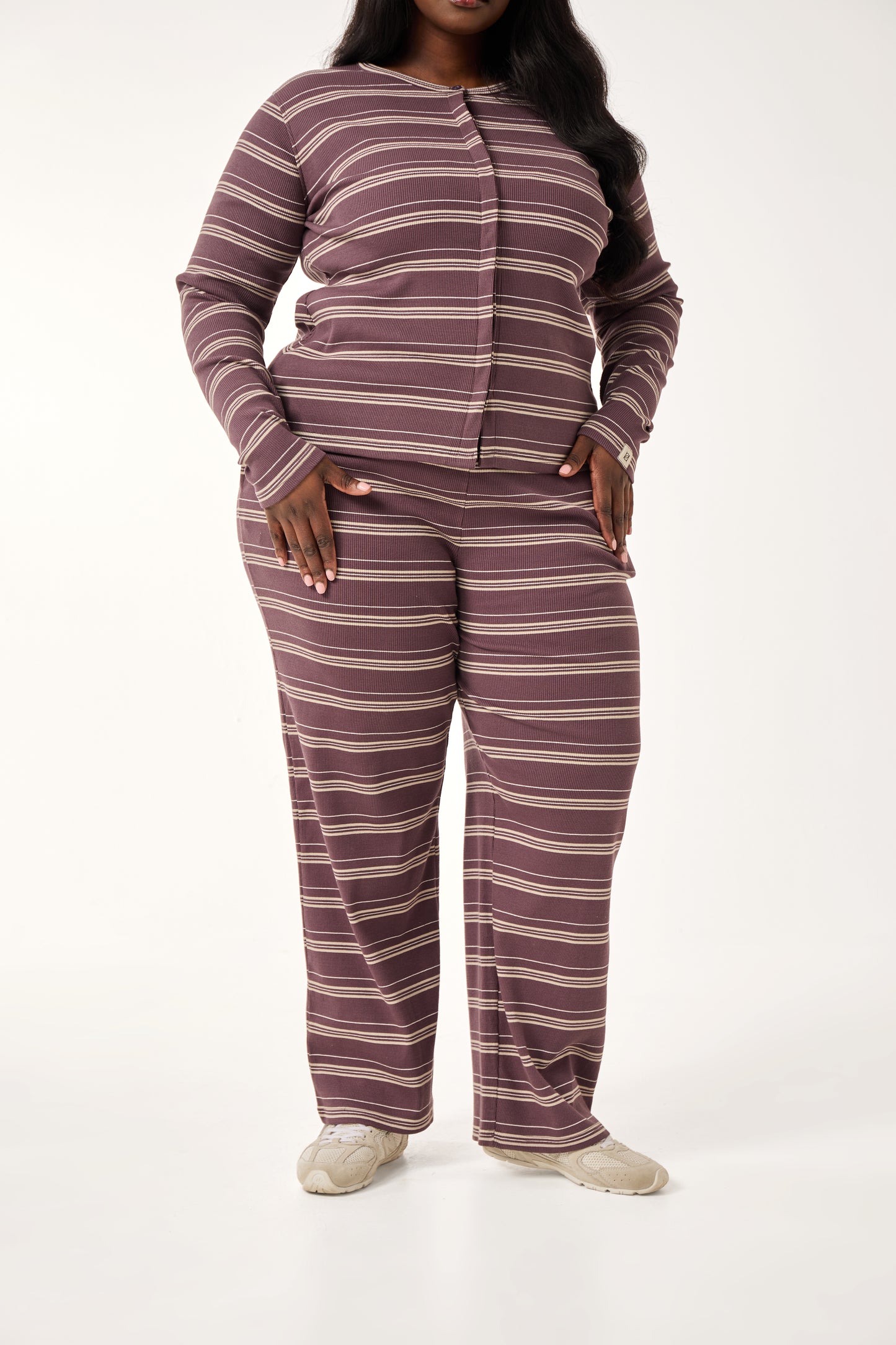 Rib Stripe High Waisted Trousers - Plum Truffle