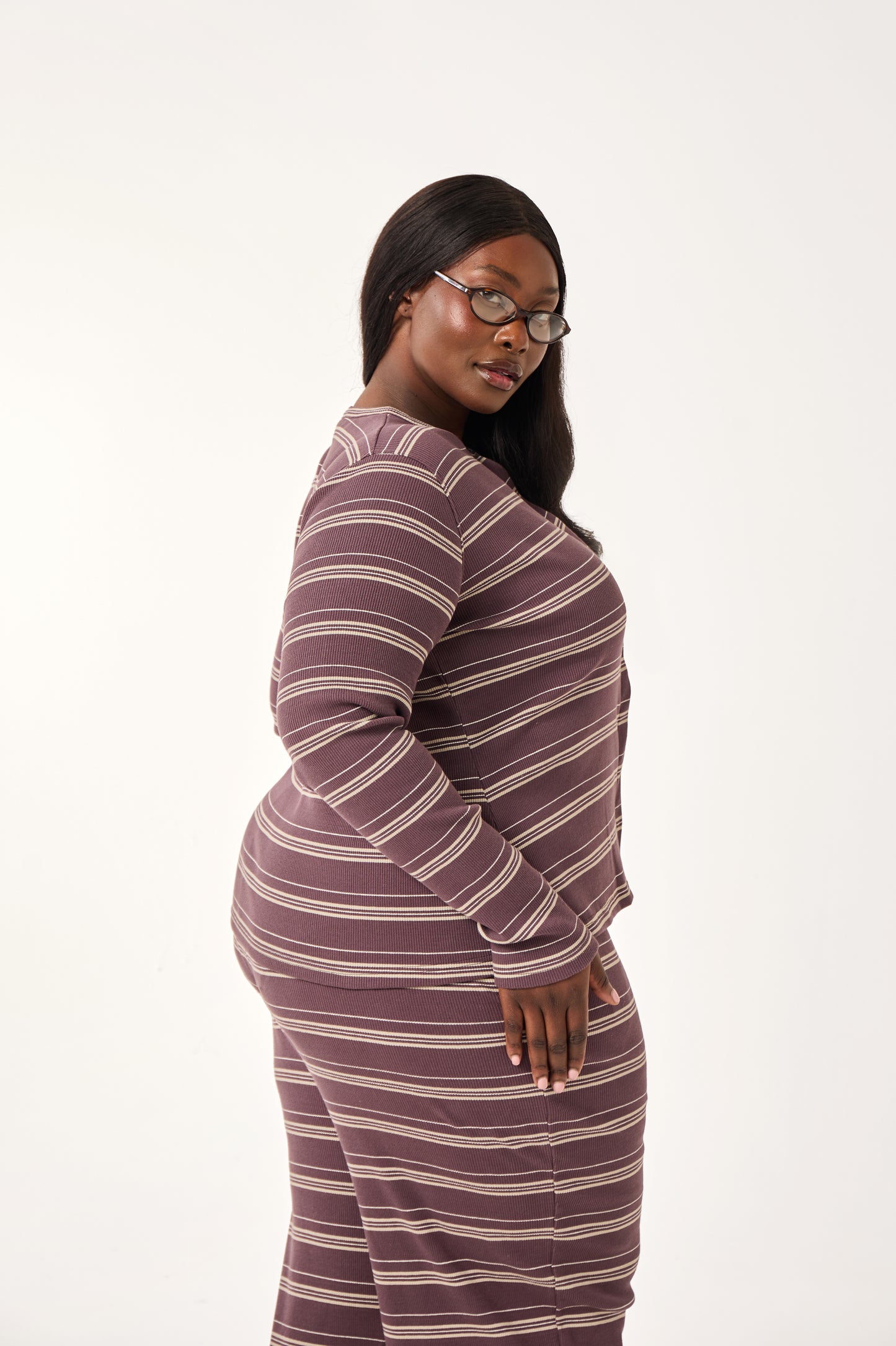 Rib Stripe Button Front Top - Plum Truffle