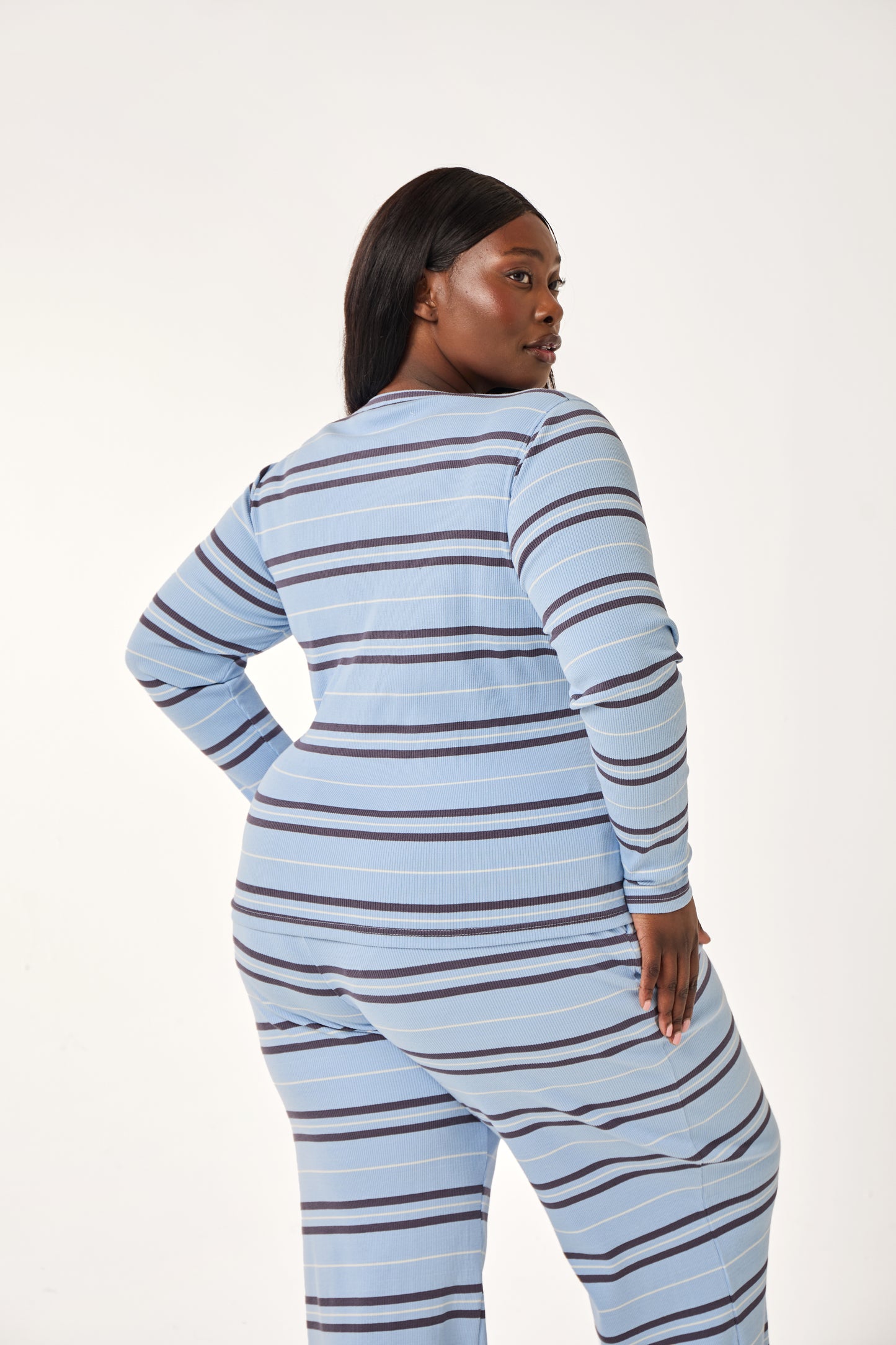 Rib Stripe Button Front Top - Powder Blue