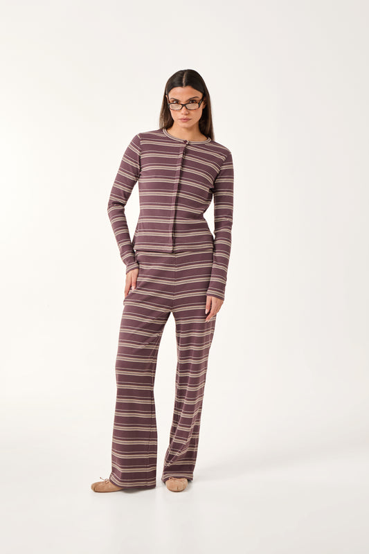 Rib Stripe High Waisted Trousers - Plum Truffle