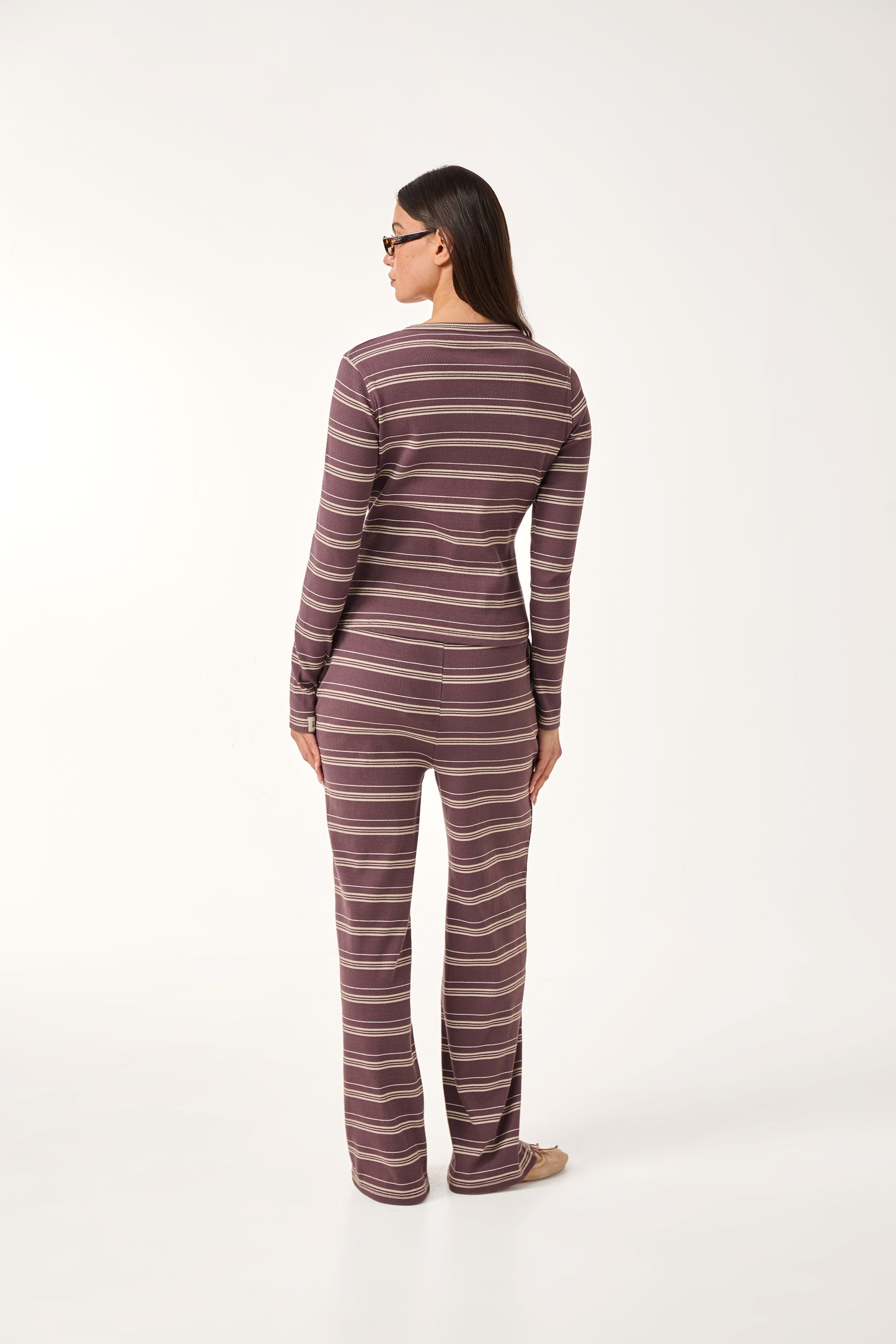 Rib Stripe High Waisted Trousers - Plum Truffle