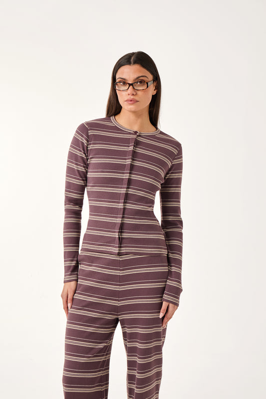 Rib Stripe Button Front Top - Plum Truffle