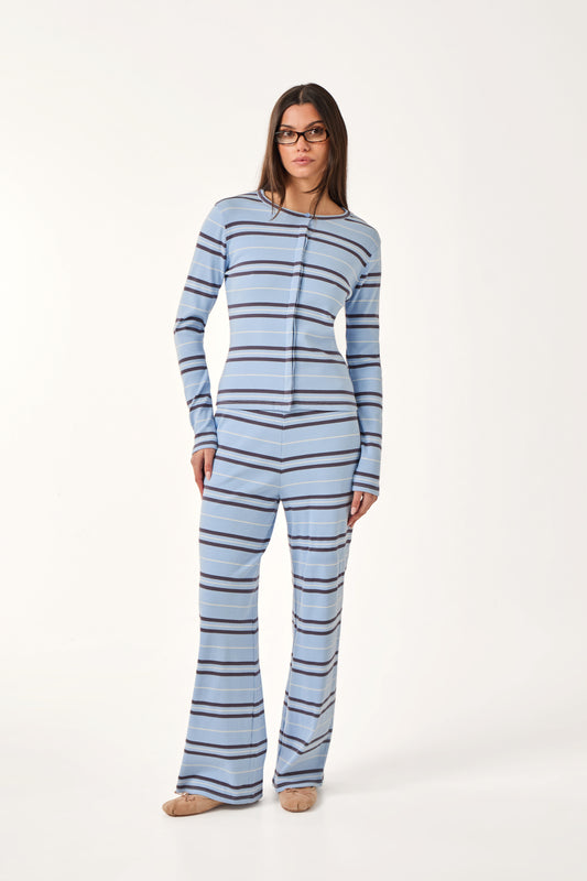 Rib Stripe High Waisted Trousers - Powder Blue