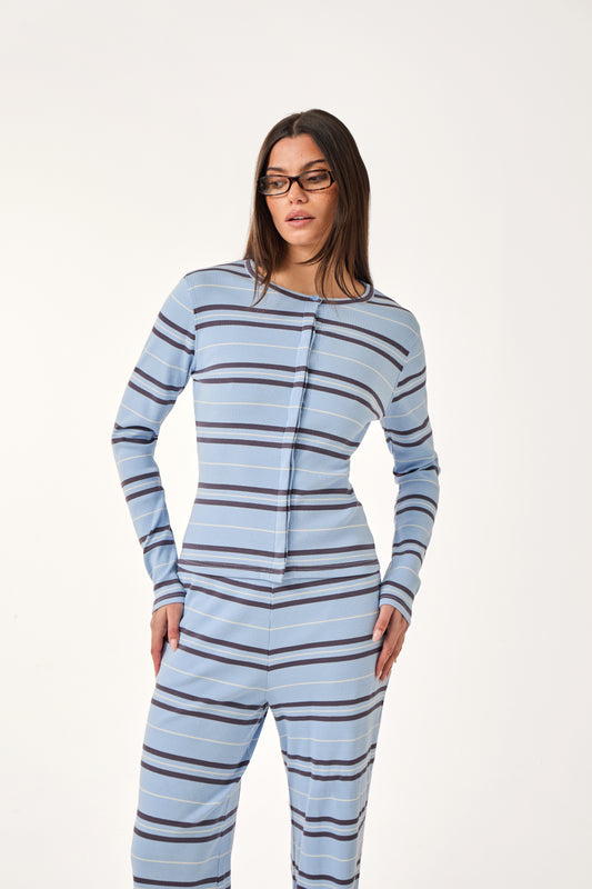 Rib Stripe Button Front Top - Powder Blue
