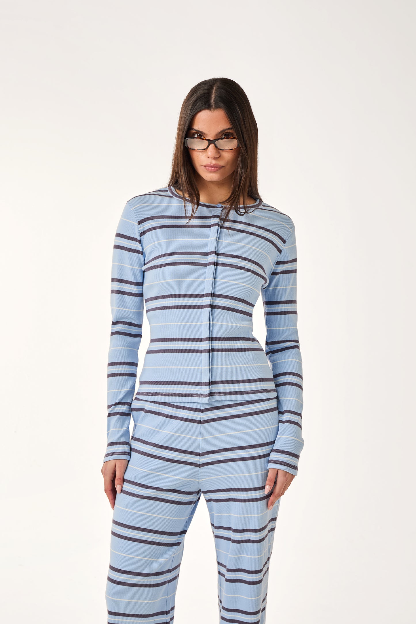Rib Stripe Button Front Top - Powder Blue