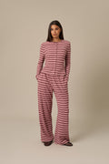 Fleece Stripe High Waist Wide Leg Trousers - Berry Pink