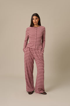 Fleece Stripe High Waist Wide Leg Trousers - Berry Pink