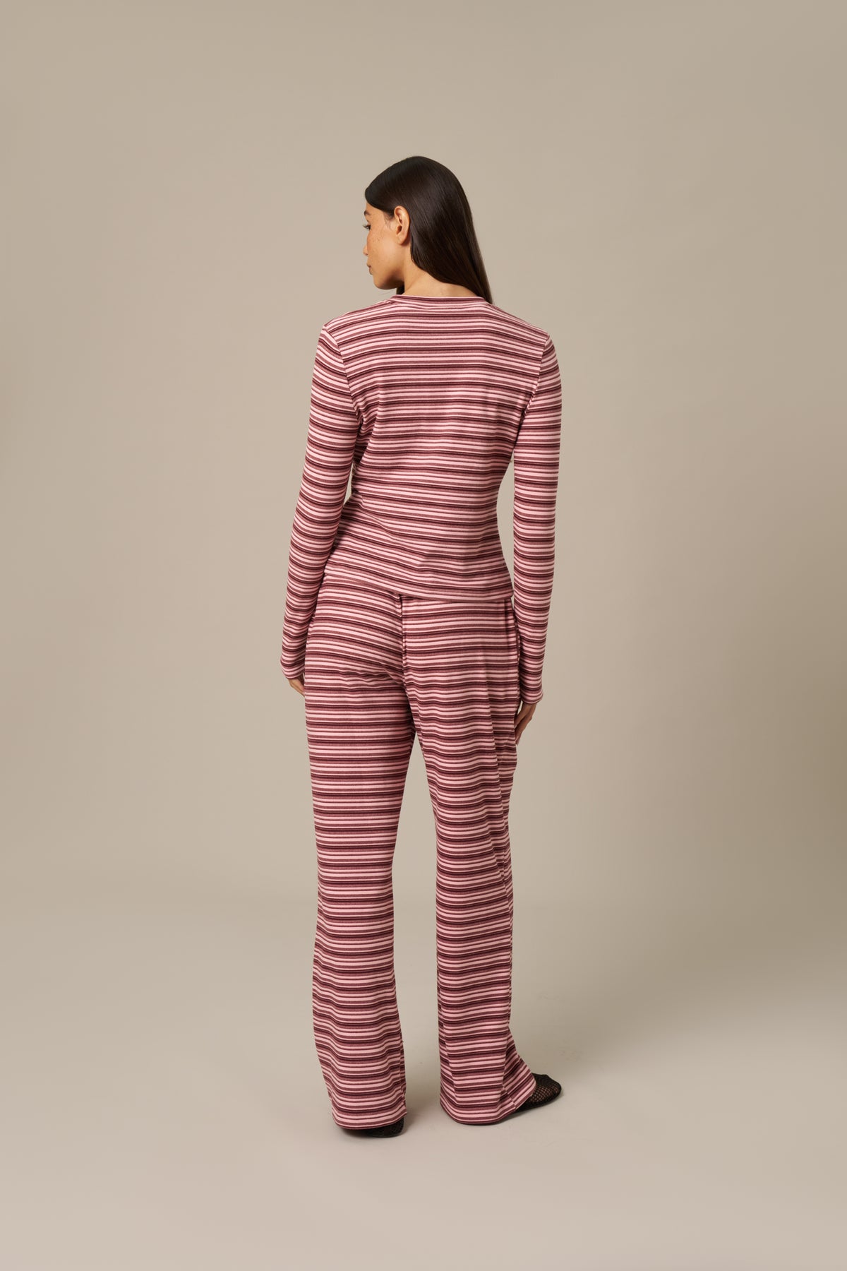 Fleece Stripe High Waist Wide Leg Trousers - Berry Pink