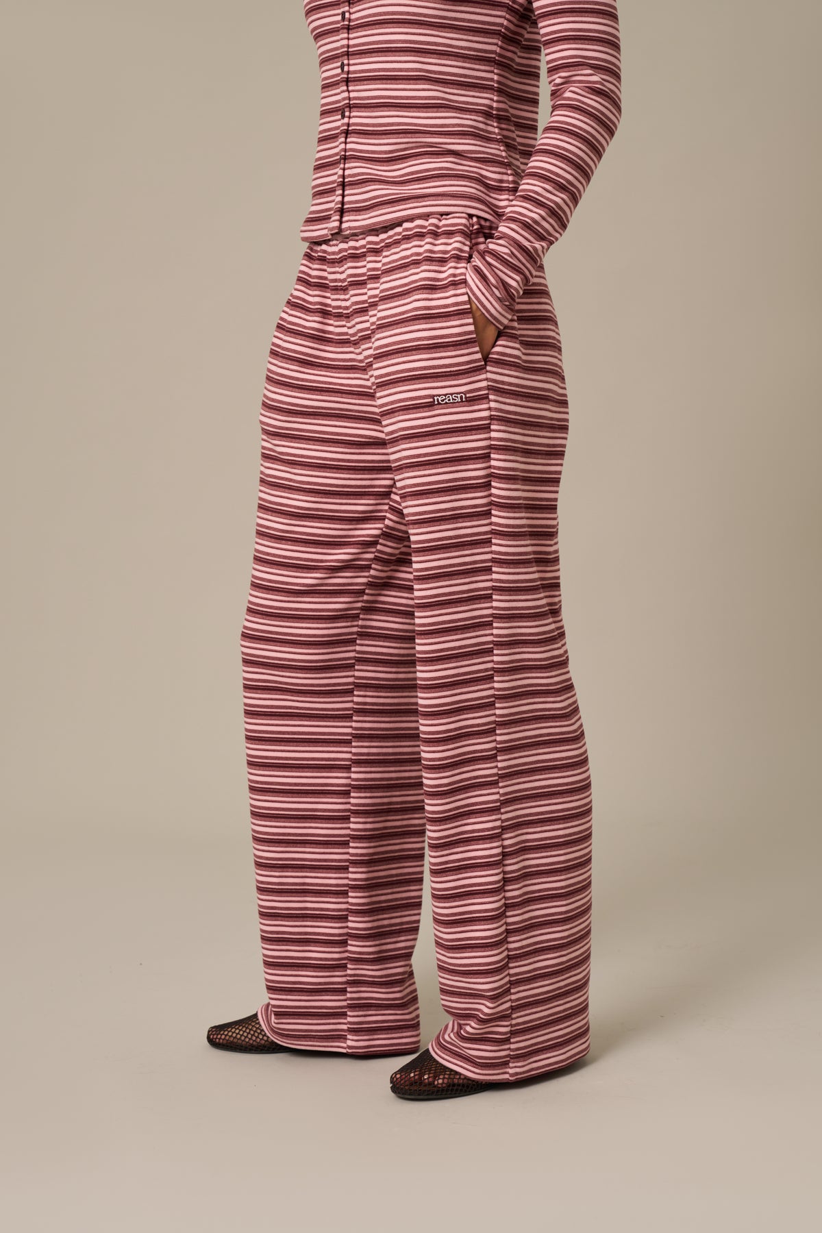 Fleece Stripe High Waist Wide Leg Trousers - Berry Pink