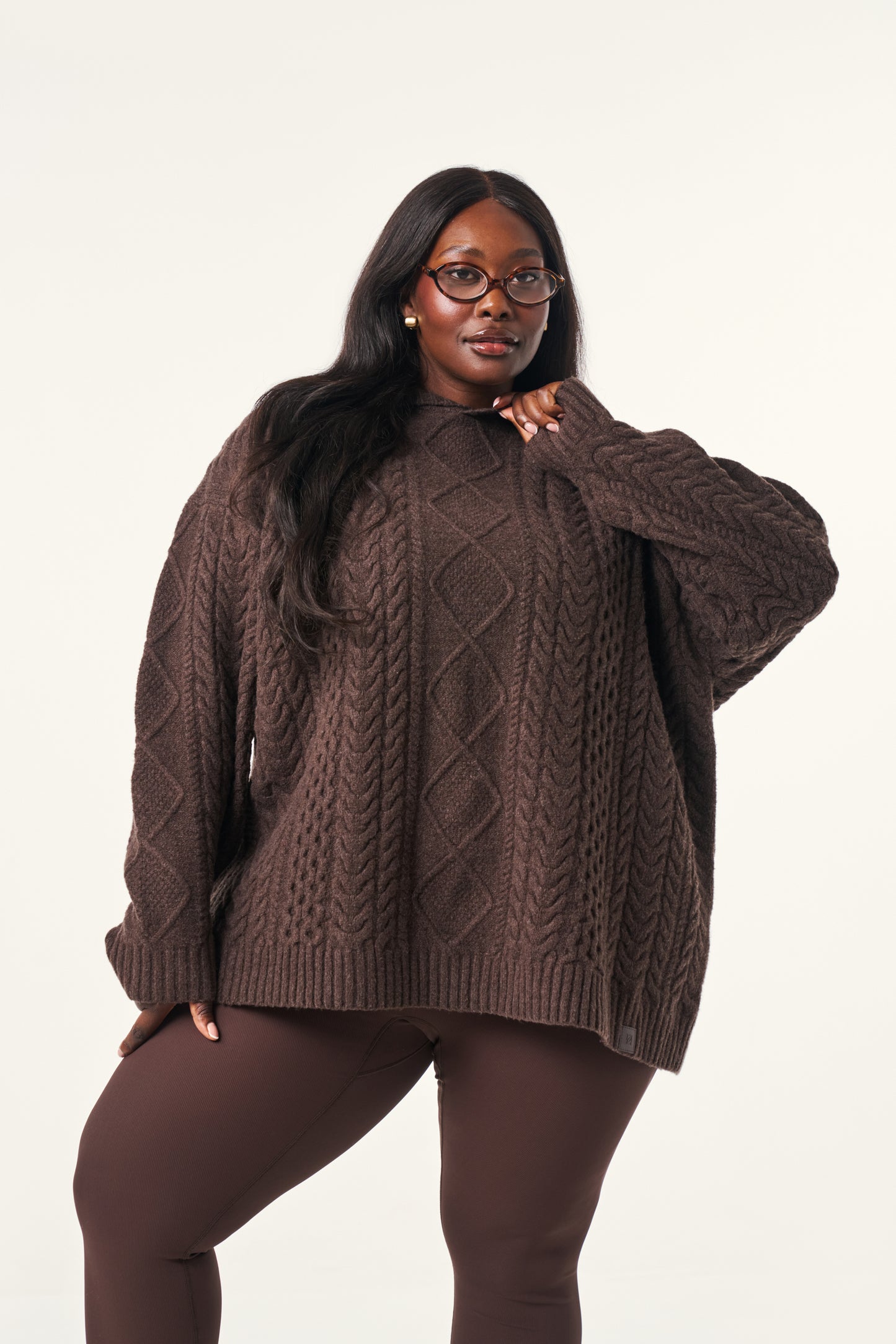 Chunky Cable Premium Knitted Hoodie - Espresso
