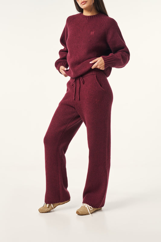 Wide Leg Premium Knitted Trousers - Dark Cherry