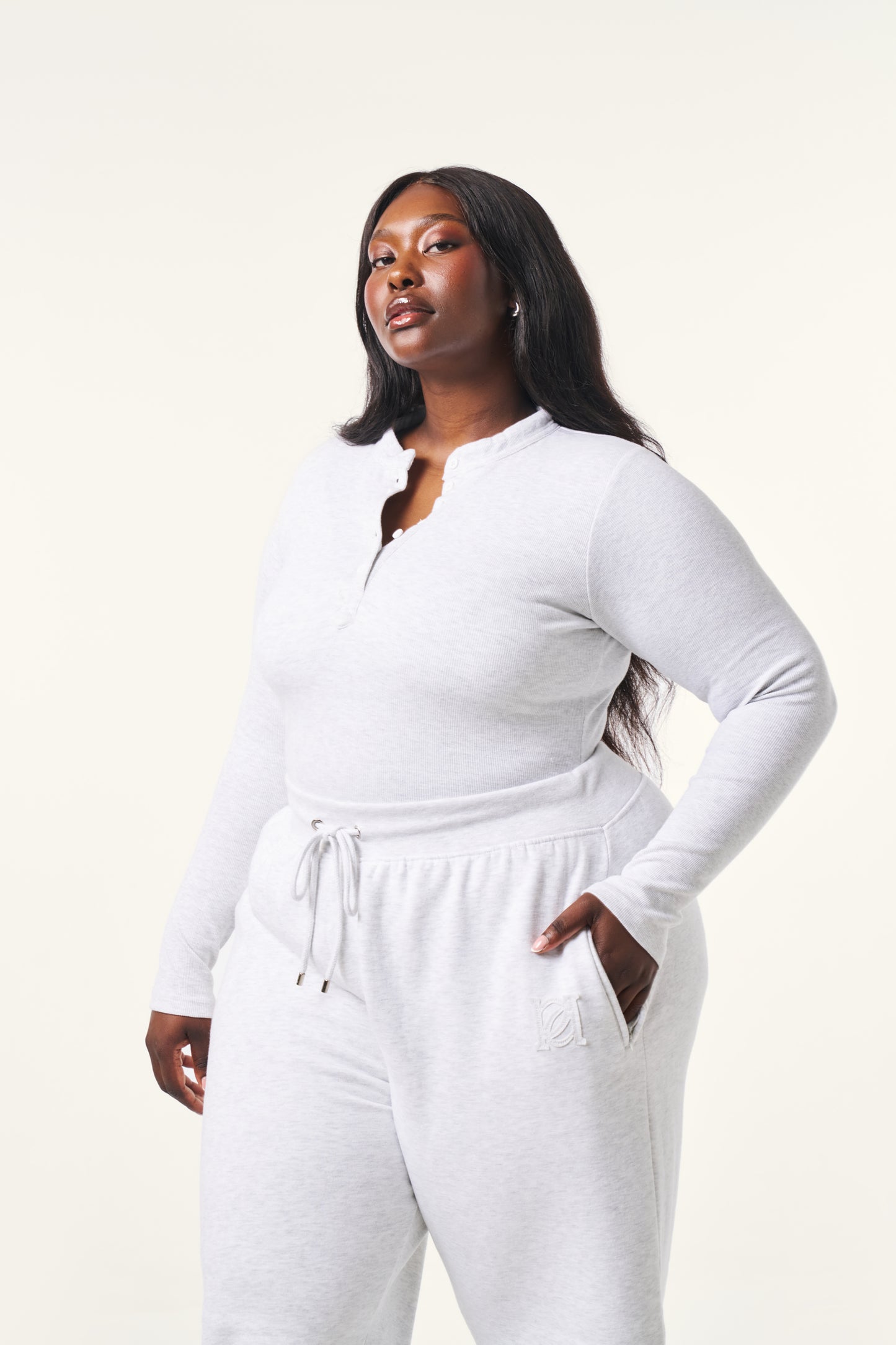 Ribbed Button Front Built in Bra Bodysuit - Grey Marl