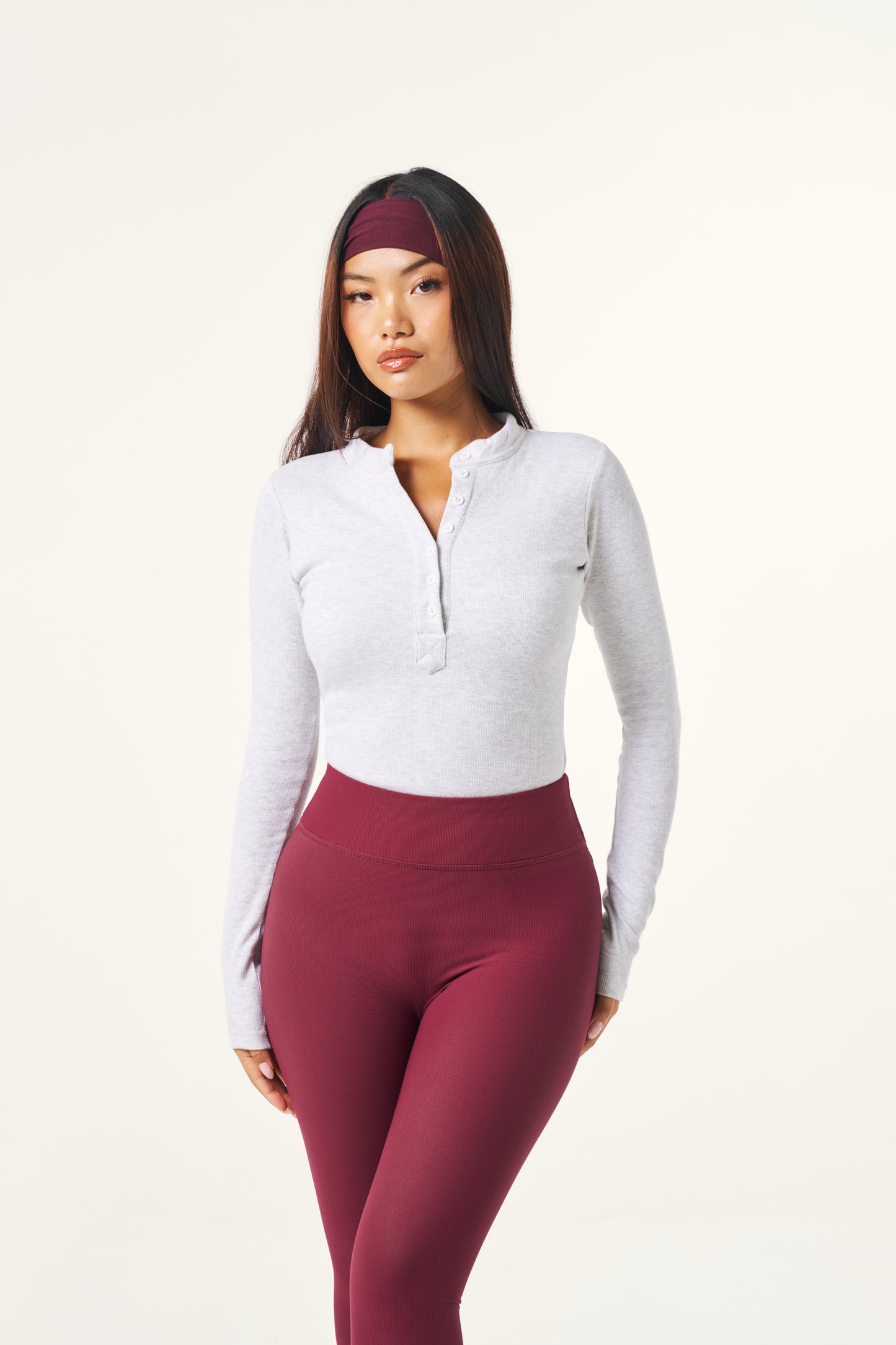 Ribbed Button Front Built in Bra Bodysuit - Grey Marl