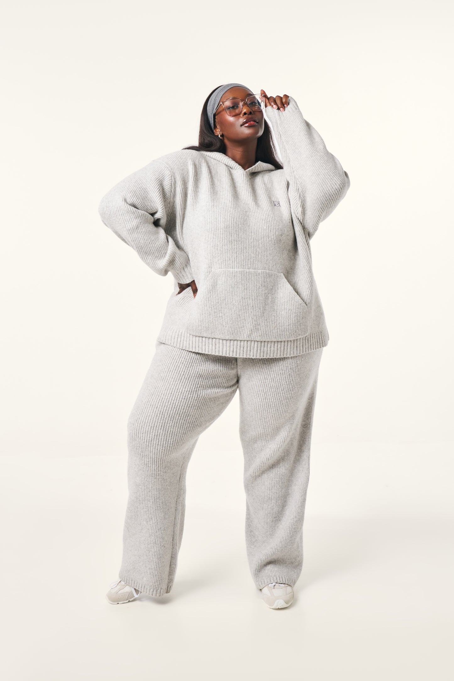 Oversized Premium Knitted Hoodie - Grey Marl