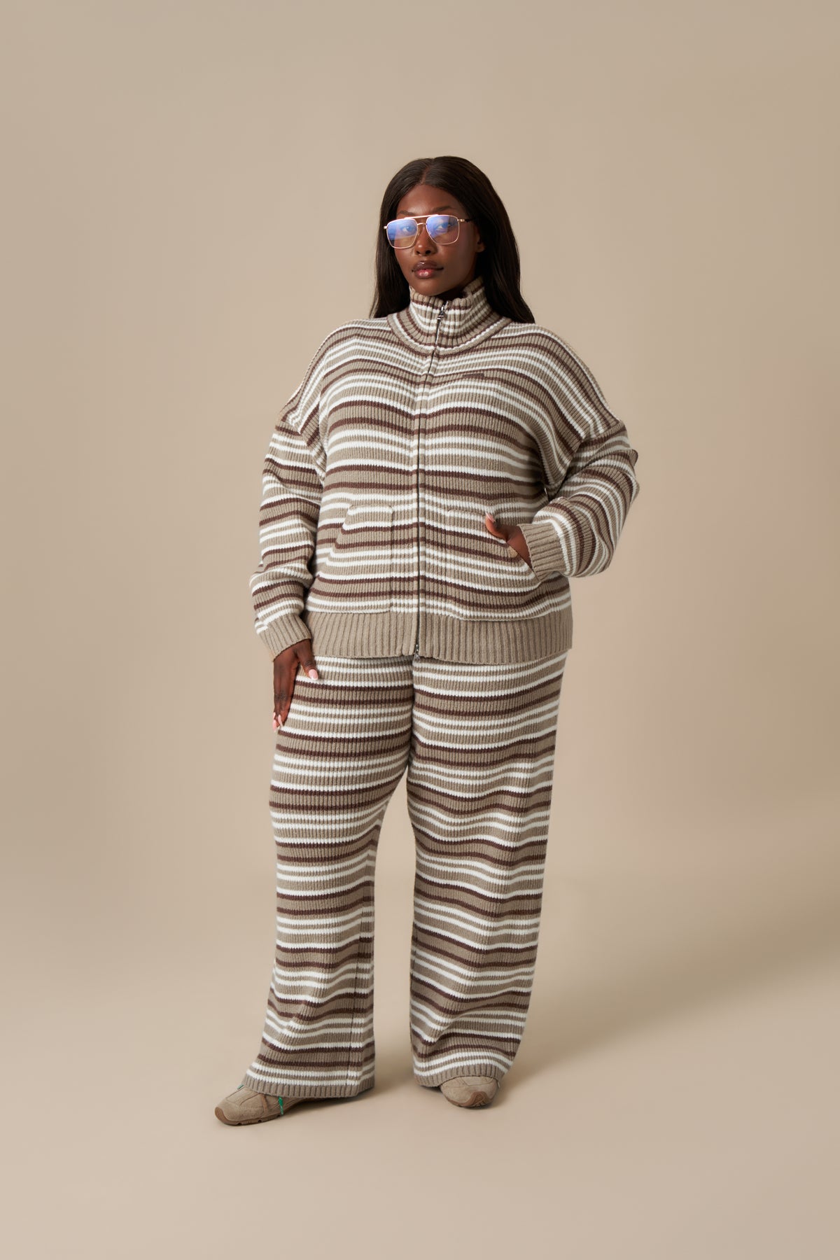 Stripe Knitted Funnel Neck Jacket - Olive Stone