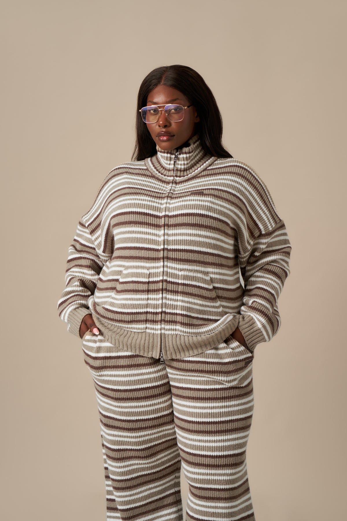 Stripe Knitted Funnel Neck Jacket - Olive Stone