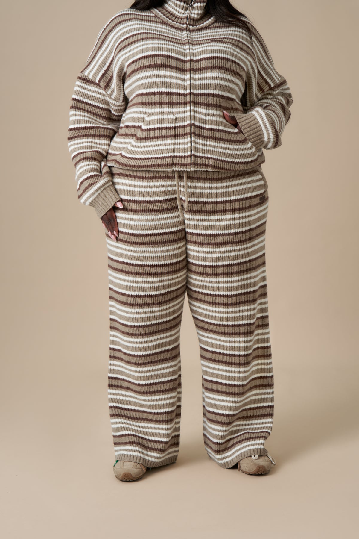 Stripe Knitted Wide Leg Trousers - Olive Stone