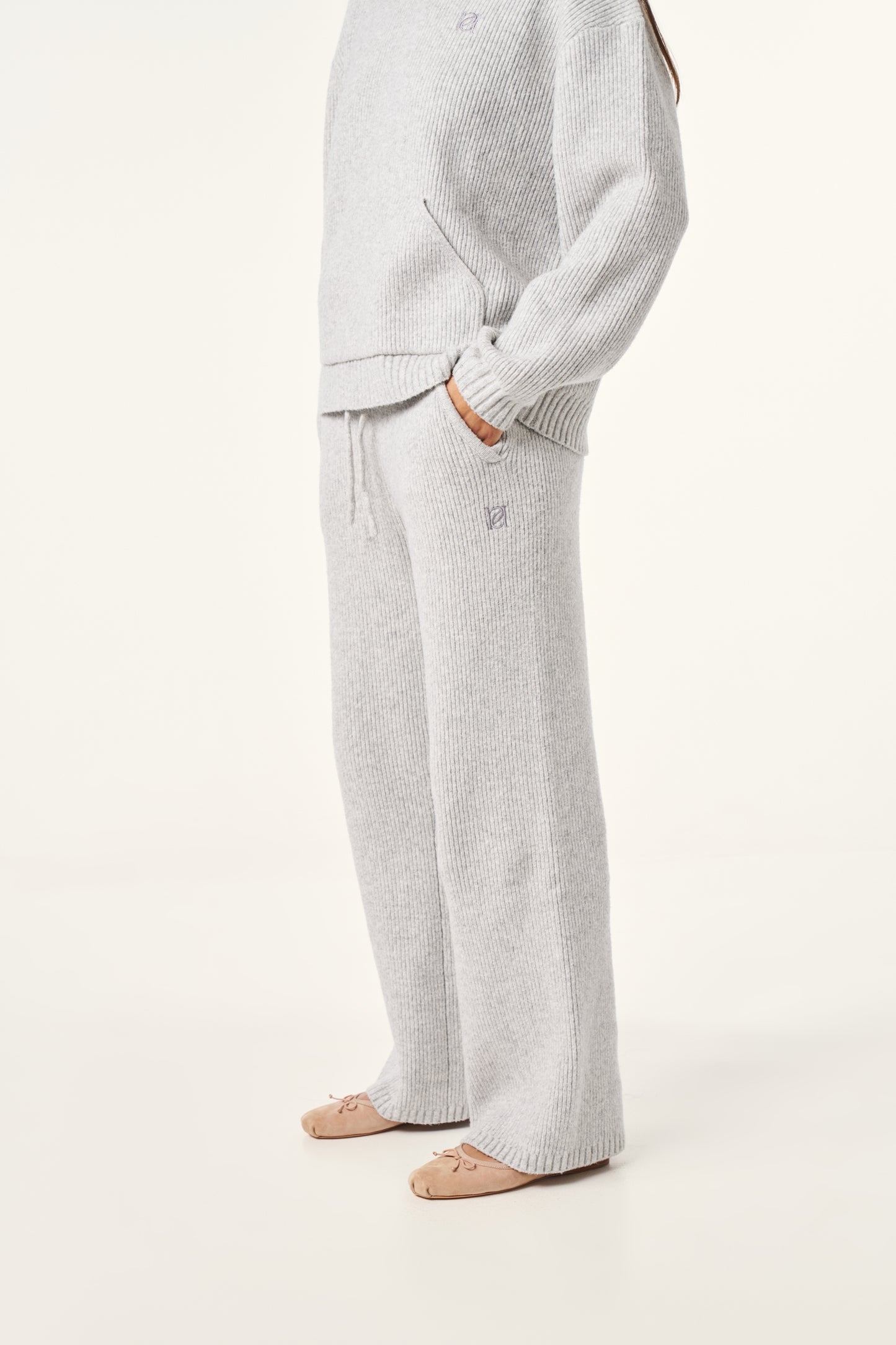 Wide Leg Premium Knitted Trousers - Grey Marl